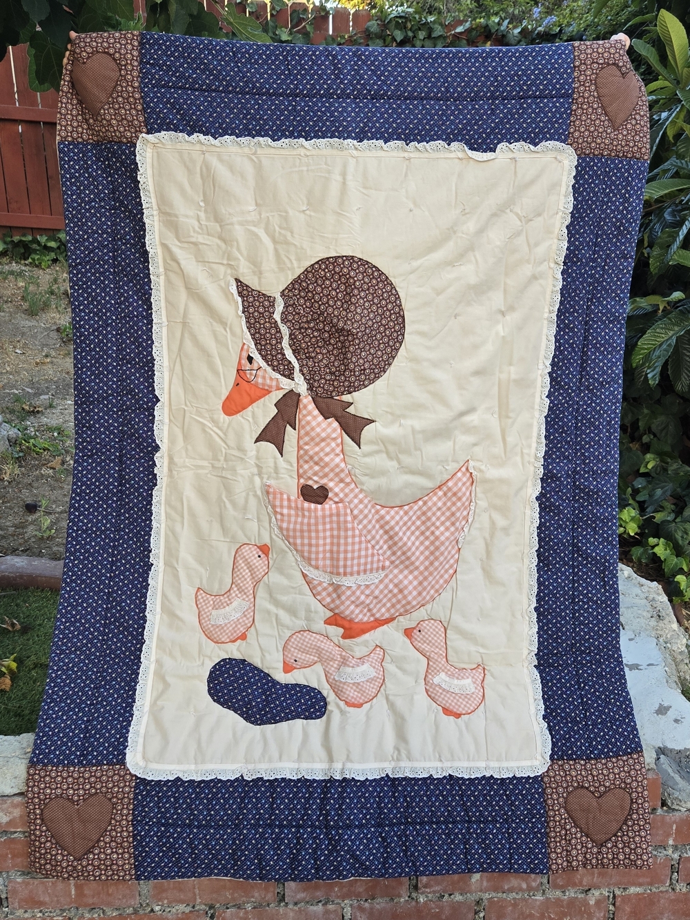 Vintage 70s Gingham Calico Appliqué Quilt Throw